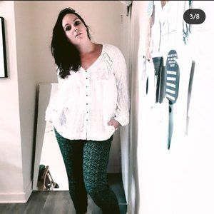 Free People white frayed button-up long sleeve embroidered semi-sheer blouse